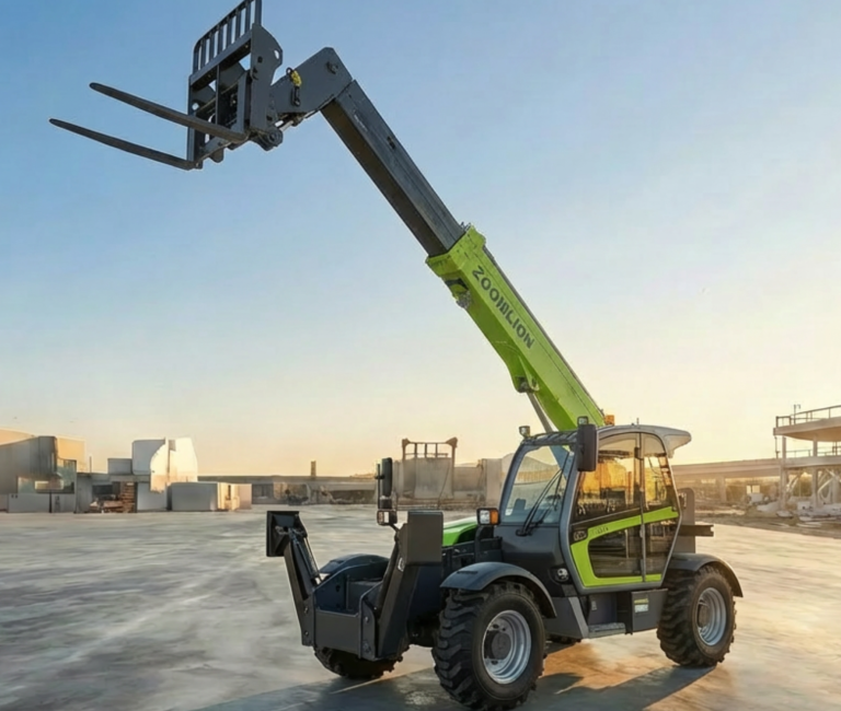 Chariot élévateur tout terrain avec bras extensible, en pleine lumière du jour.