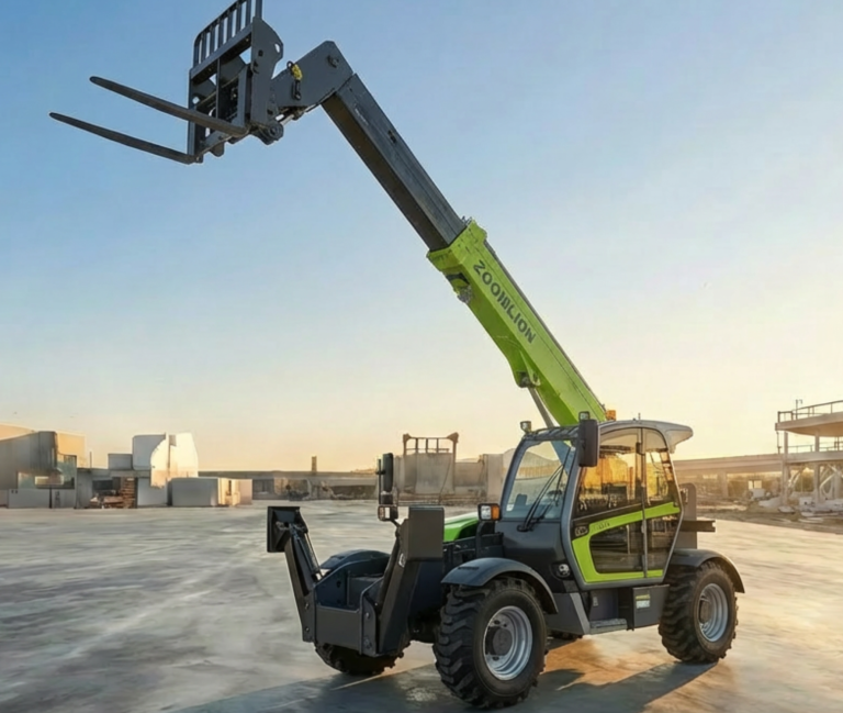 Chariots télescopiques - C Distribution - Concessionnaire Zoomlion Rhône Alpes Chariot élévateur tout terrain avec bras extensible, en pleine lumière du jour.