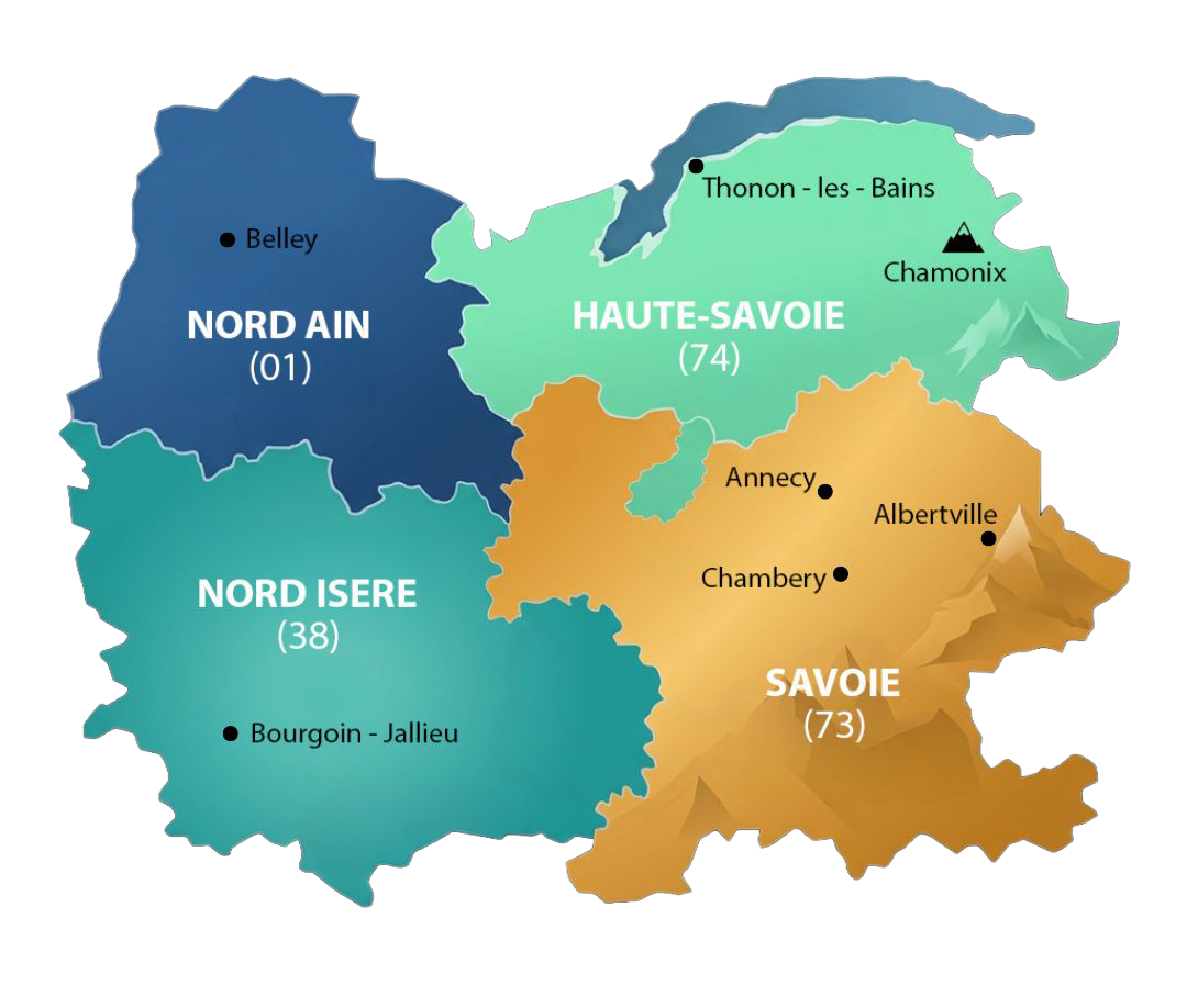 Zone C Distribution - Concessionnaire Rhône Alpes Carte des régions avec les noms des localités et leurs codes de couleur.