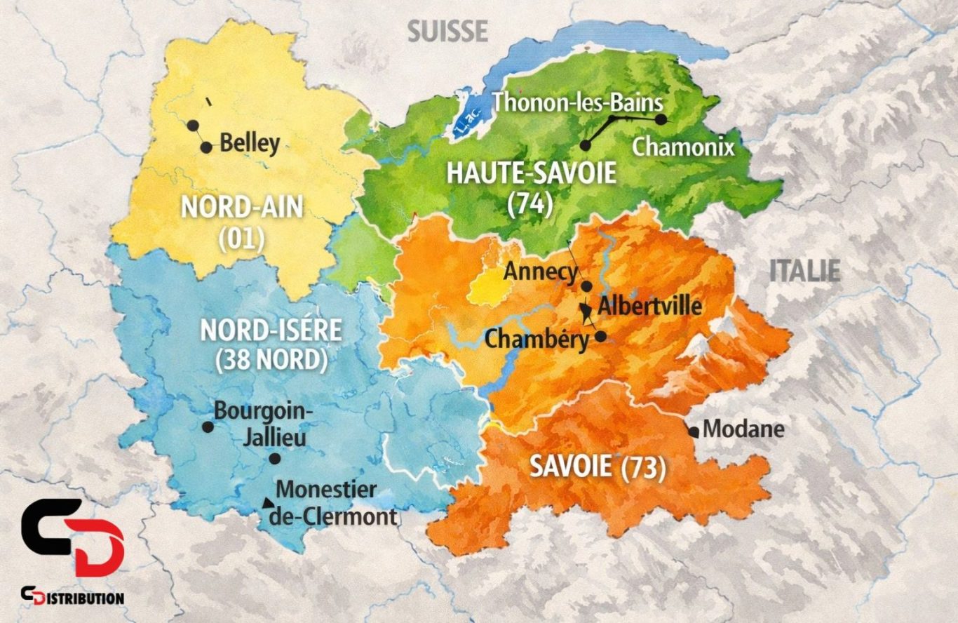 Zone C Distribution - Concessionnaire Rhône Alpes Carte des régions avec les noms des localités et leurs codes de couleur.