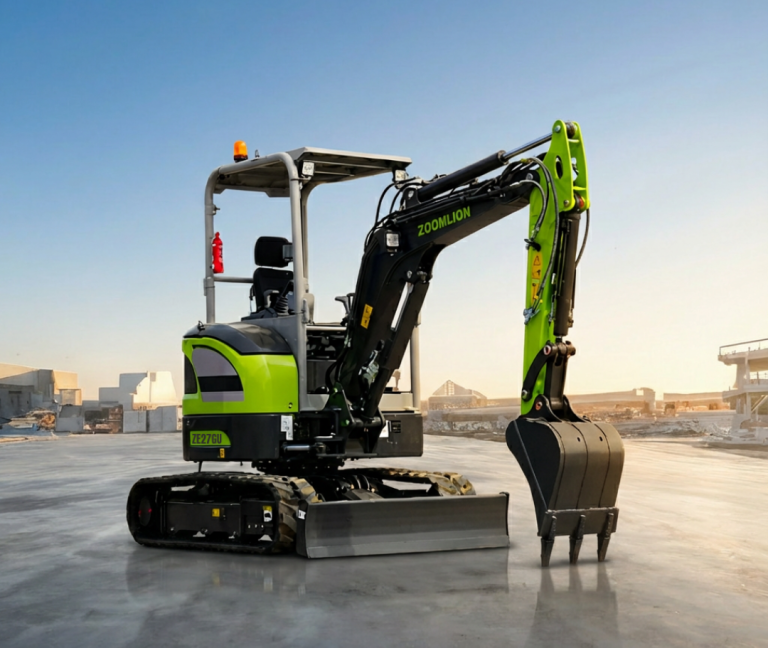 Mini pelle verte sur un chantier, avec un environnement urbain en arrière-plan.