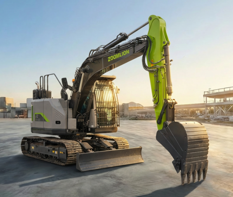 Pelles sur chenilles - C Distribution - Concessionnaire Zoomlion Rhône Alpes Pelle sur chenilles moderne avec godet sur fond de lever de soleil.