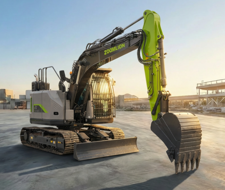 Pelle sur chenilles moderne avec godet sur fond de lever de soleil.